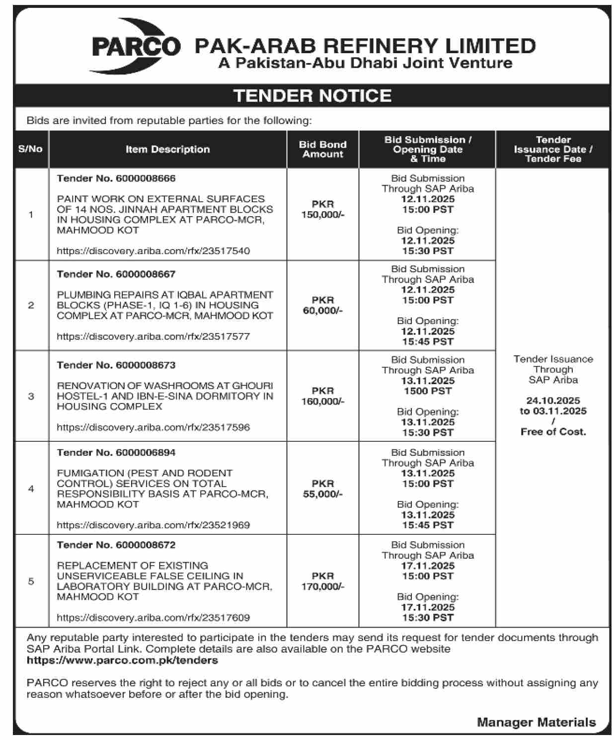 Pak Arab Refinery Limited Tender Notice 1